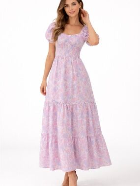 Trixxi Floral Puff Sleeve Maxi Dress XL Pastel Cottagecore Tiered Midi